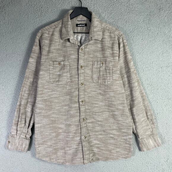 Solaris Mens XL Long‎ Sleeve Button Shirt Beige Cotton Casual Collared Top - Picture 2 of 9